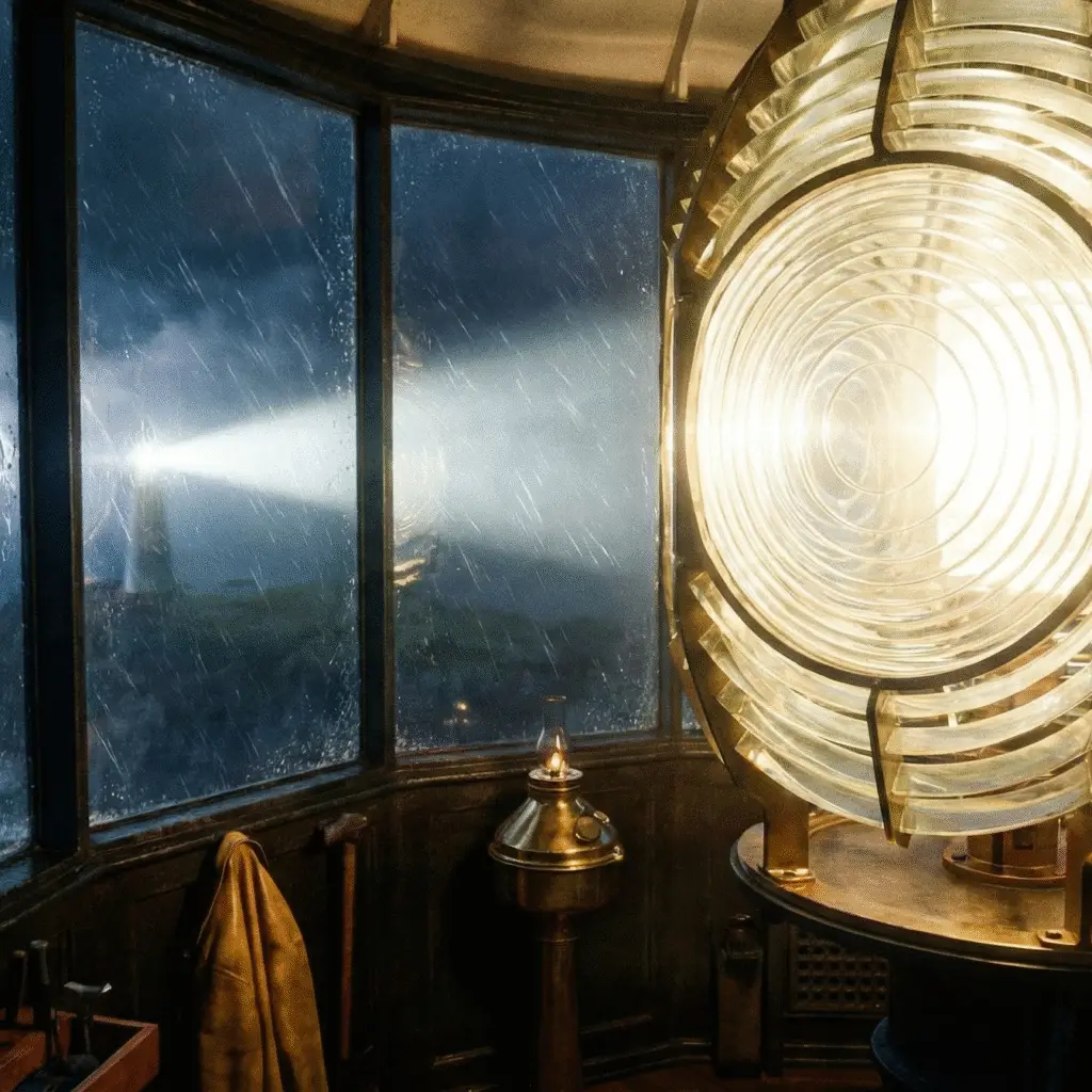 Old lighthouse on a coastal hill at night