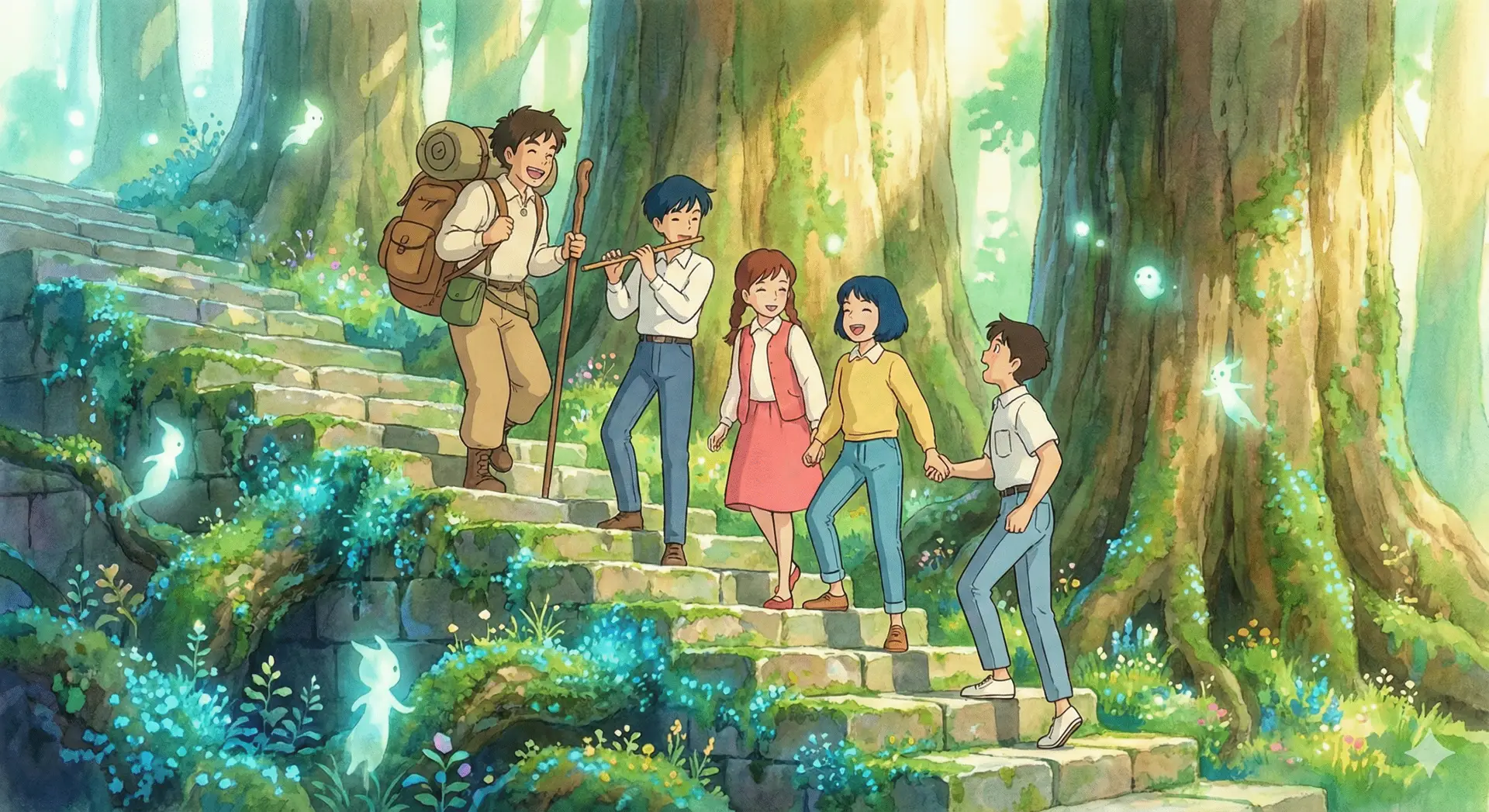 t: Group of four college students climbing stone steps through trees toward a hill